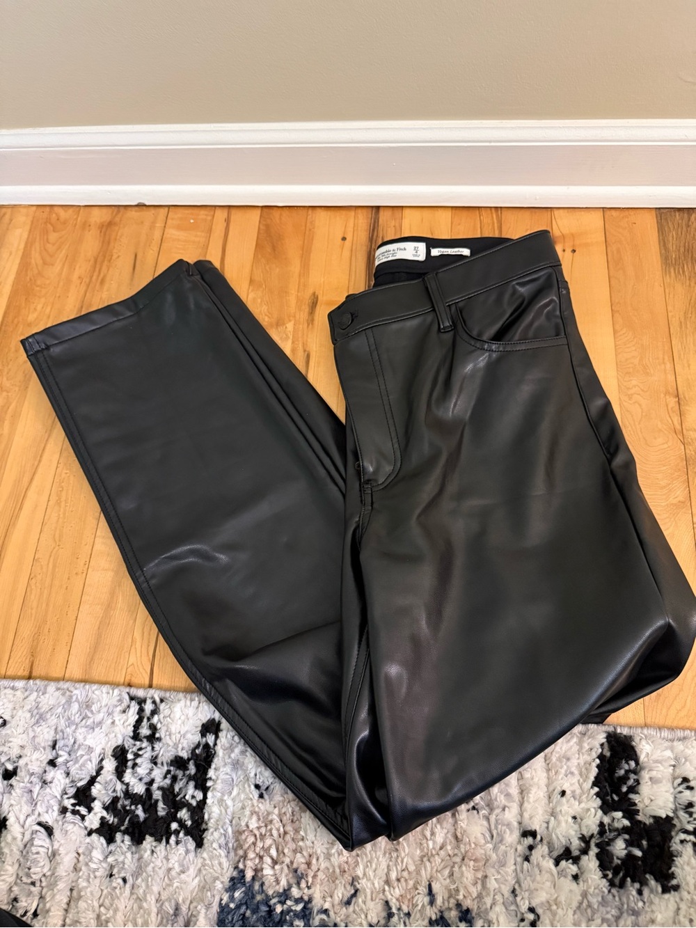 Abercrombie & Fitch Black Faux Leather Pants, Asymmetrical Button Front